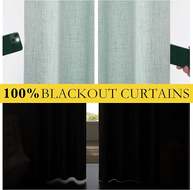 NICETOWN 100% Absolutely Blackout Linen Curtains with Thermal Insulated Grey Liner, Seafoam Green, 52 inches Wide, 48 inches Length Energy Saving Curtains for Laundry 2 Panels Set, Vertical Blinds