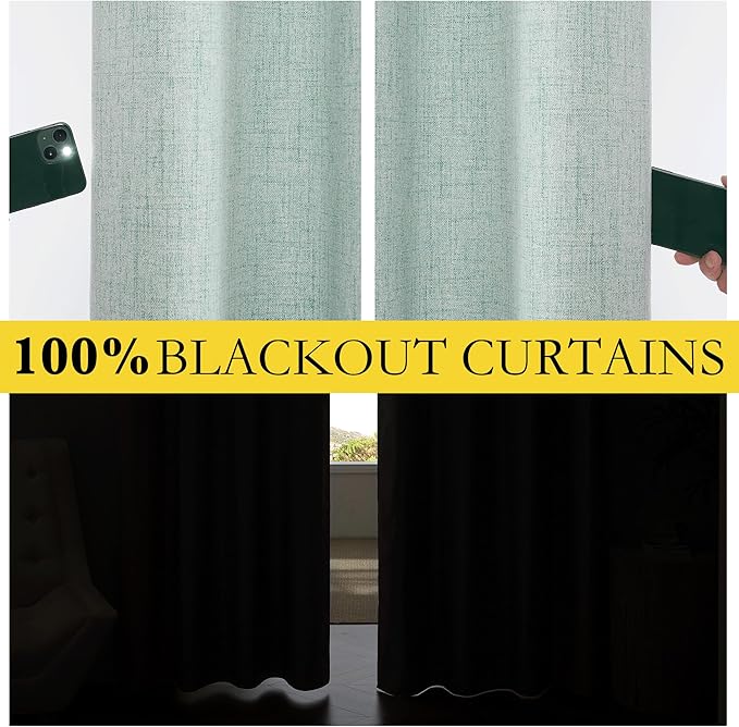 NICETOWN 100% Absolutely Blackout Linen Curtains with Thermal Insulated Liner, Seafoam Green, 42" Wide, 45" Length Energy Saving Curtains for Dining Room 2 Panels Set, Vertical Blinds