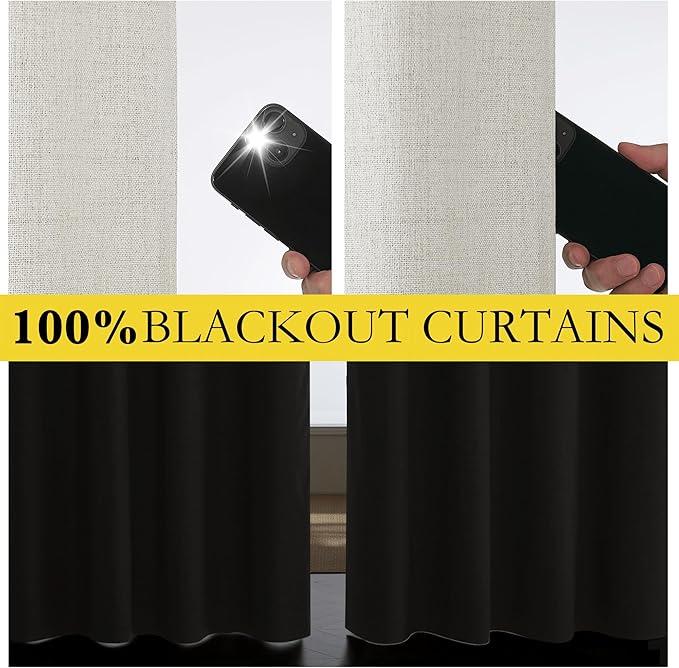 NICETOWN Snowbound Vintage Linen 100% Blackout Curtains for Living Room, Thermal Insulated Curtains 63" Long, Noise Reducing Window Treatment Drapes for Hall Room, 52" Wide Per Panel, Set of 2