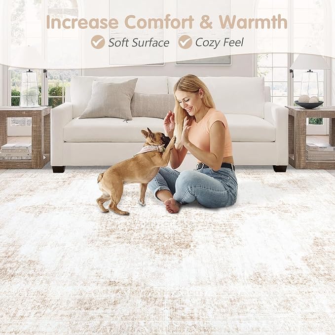 Area Rug 10x14 Vintage Rugs: Large Washable Living Room Rug Retro Medallion Distressed Soft Low Pile Non-Slip Rugs Indoor Floor Carpet for Bedroom Nursery Dining Table Office (Beige,10'x14')