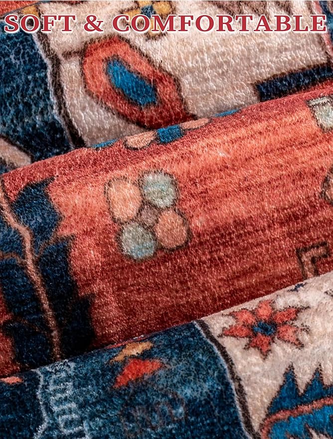 SERISSA Boho Kitchen Runner Rug, 3x7 Washable Non-Slip Runner Rug for Hallways Kitchen Rug, Ultra Soft Vintage Rust Print Distressed Tribal Floor Carpet Runner for Bedroom Entryway Laundry Room