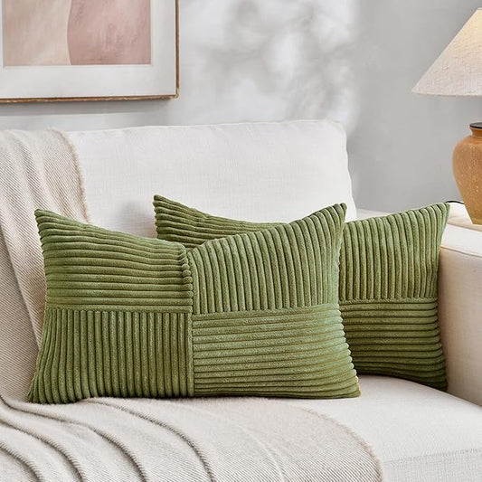 Fancy Homi 2 Packs Moss Green Lumbar Decorative Throw Pillow Covers 14x22 Inch for Living Room Couch Bed, Rustic Farmhouse Boho Home Decor, Soft Striped Corduroy Rectangle Accent Cushion Case 35x55 cm