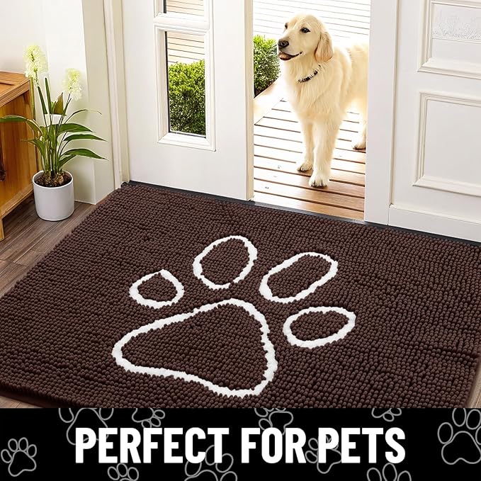 Smiry Dog Door Mat for Muddy Paws, Absorbent Dirt Trapper Non Slip Quick Dry Washable Chenille Mat for Mud Dogs, Entry Rug for Indoor and Outdoor (59x20 Inches, Brown and White)