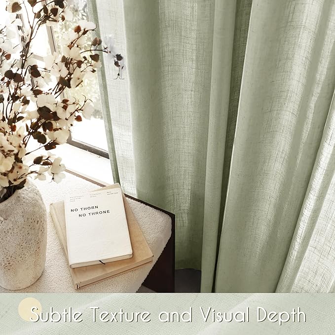 Linen Blend Sage Green Curtains 120 inch Length 2 Panels for Bedroom Back Tab Light Filtering Semi Sheer Drapes Linen Cotton Textured Light Green Airy Modern Farmhouse Living Room Sage Aesthetic Decor