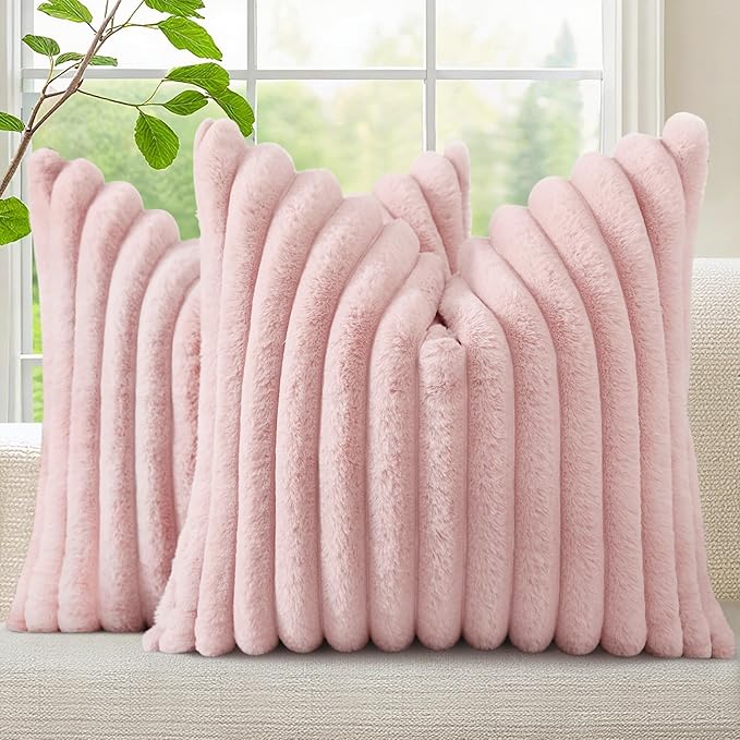 decorUhome Summer Cozy Faux Fur Throw Pillow Covers 24x24 Set of 2 Decorative Soft Plush Striped Modern Farmhouse Boho Couch Euro Sham Pillow Cases with Velvet Back for Sofa Bed Living Room, Pink