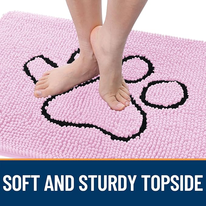 OLANLY Dog Door Mat for Muddy Paws 30x20, Paw Print Design, Absorbs Moisture and Dirt, Absorbent Non-Slip Washable Doormat, Quick Dry Chenille Mud Mat for Dogs, Entry Indoor Entryway Carpet, Pink