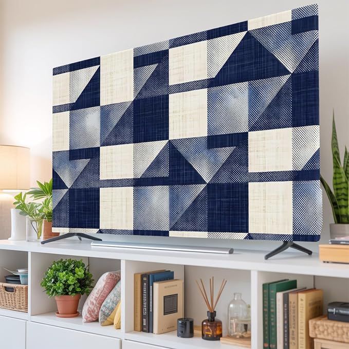 Navy Blue Block Abstract Geometric Indoor TV Cover, Elastic TV Screen Protector - Image 6