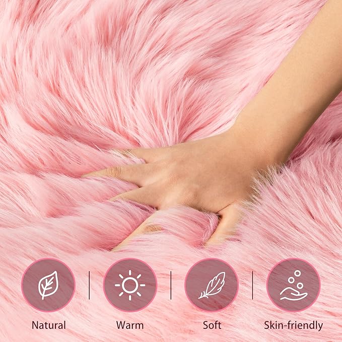 Ciicool Pink Fur Fluffy Rug, 2x4 ft Small Faux Fur Rugs for Bedroom, Washable Faux Sheepskin Carpet for Sofa Couch Seat Cushion, Thick Shaggy Furry Rugs Floor Carpets for Bedside Living Room