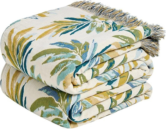 MSGKV Boho Throw Blanket for Couch Cotton Leaves Blanket 50"x60" Throws for Sofa Chair Muslin Spring Breathable Lightweight Farmhouse Blankets Home Decor All Seasons