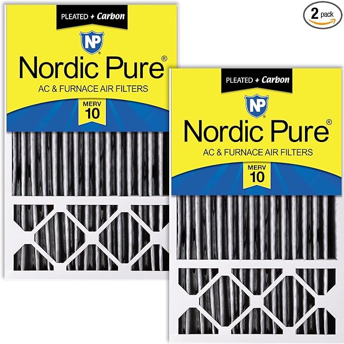 Nordic Pure 16x25x5 Pleated MERV 10 Plus Carbon Air Filters 2 Pack | Actual by NordicPure