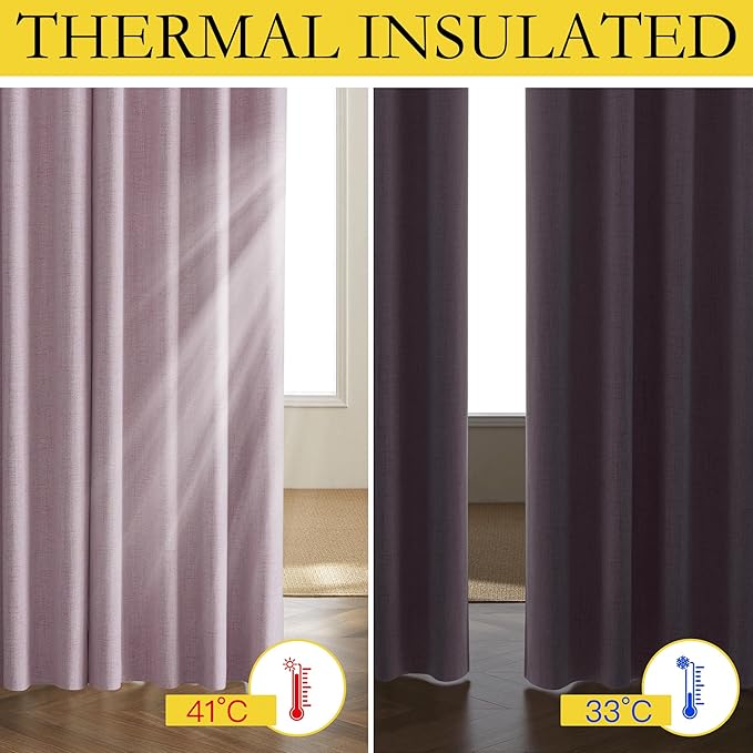 NICETOWN Pink Vintage Linen 100% Blackout Curtains for Living Room, Thermal Insulated Curtains 45" Long, Noise Reducing Window Treatment Drapes for Hall Room, 52" Wide Per Panel, Set of 2