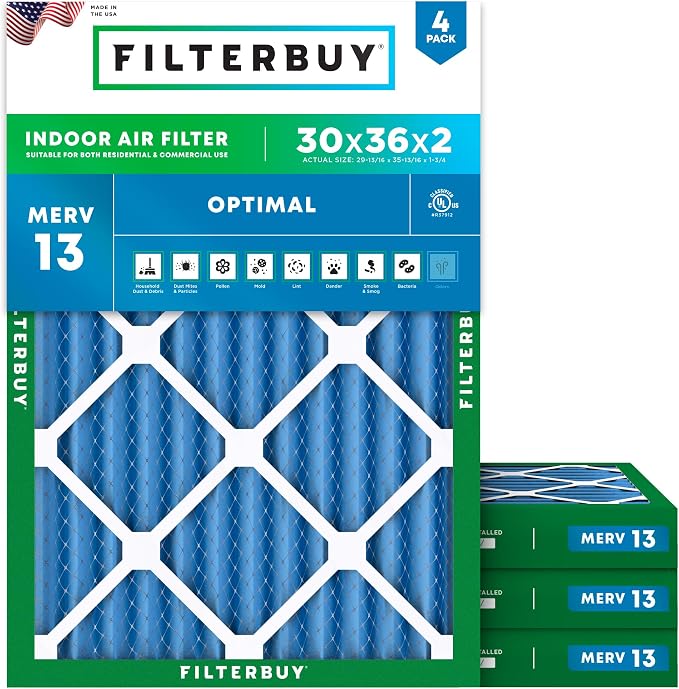 Filterbuy 30x36x2 Air Filter MERV 13 Optimal Smoke & Allergy Defense, by Filterbuy