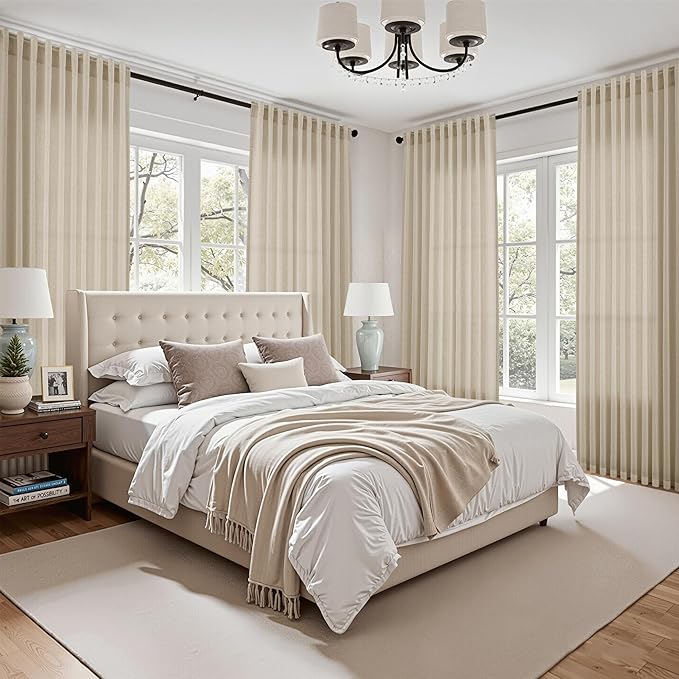 Eggshell Beige Linen Curtains for Living Room 100 Inches Long Light Filtering Semi Sheer Curtain Back Tab Rustic Farmhouse Decor Burlap Luxury Boho Drapes for Bedroom Dinner Room 52x100, 2 Panels