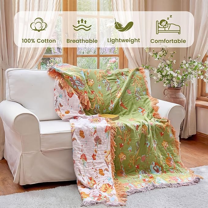 MSGKV Boho Throw Blanket 90"x90" Floral 100% Cotton Blanket with Flower and Butterfly for Bed Spring Breathable Lightweight Farmhouse Queen Blankets Home Decor Muslin