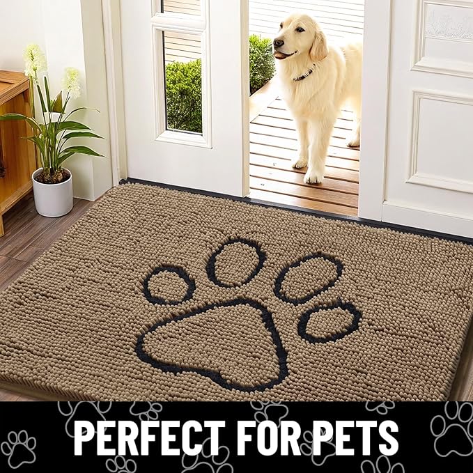 Smiry Dog Door Mat for Muddy Paws, Absorbent Dirt Trapper Non Slip Quick Dry Washable Chenille Mat for Mud Dogs, Entry Rug for Indoor and Outdoor (47x32 Inches, Camel and Black)