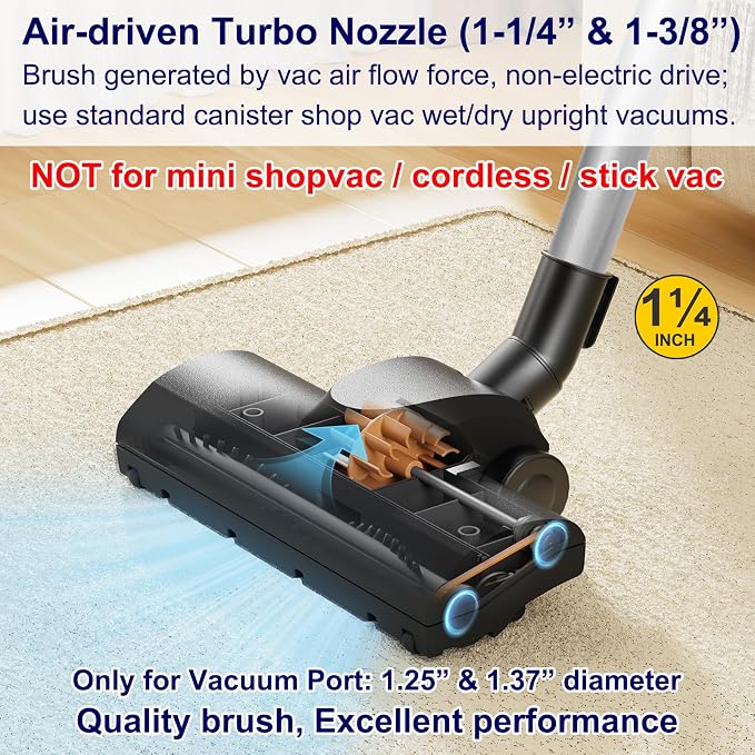 Portek Turbo Brush Head for 1-1/4" and 1-3/8" Vacuum Cleaners, Air-Driven Floor - Image 2