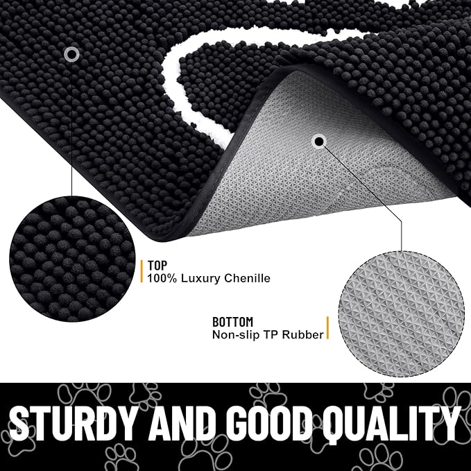 Smiry Dog Door Mat for Muddy Paws, Absorbent Dirt Trapper Non Slip Quick Dry Washable Chenille Mat for Mud Dogs, Entry Rug for Indoor and Outdoor (36x24 Inches, Black and White)
