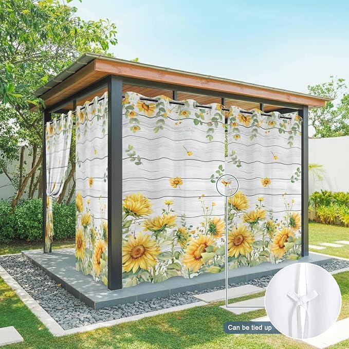 Sunflowers Outdoor Curtains for Patio Summer Floral Eucalyptus Leaf Wood Plank - Image 7