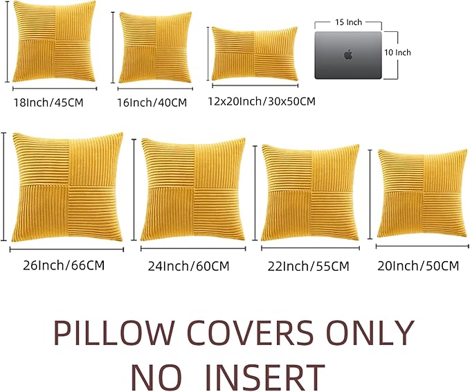 Fancy Homi 2 Packs Gold Yellow Big Decorative Throw Pillow Covers 24x24 Inch for Couch Bed Sofa, Rustic Farmhouse Boho Home Decor, Soft Corss Corduroy Patchwork Accent Square Cushion Case 60x60 cm