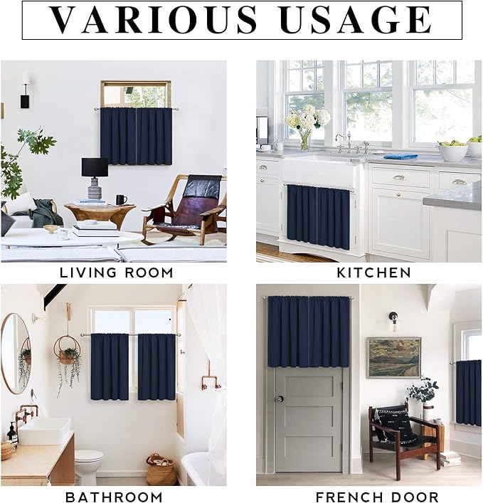 RYB HOME Blackout Cafe Curtains 30 inch Length, Short Light UV Heat Blocking Energy Saving Privacy Curtain Tiers for Basement Bathroom Kitchen Window, Width 29 by Length 30, Navy Blue, 2 Panels
