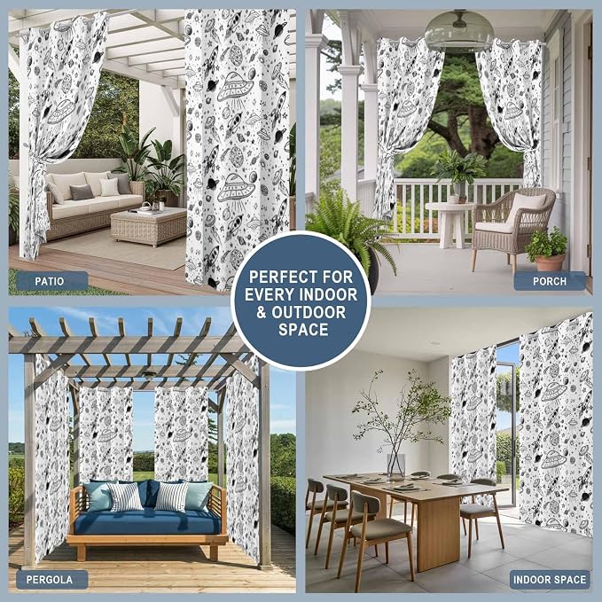 Cartoon Space Outdoor Curtains for Patio Rockets Astronauts Planets Black - Image 8