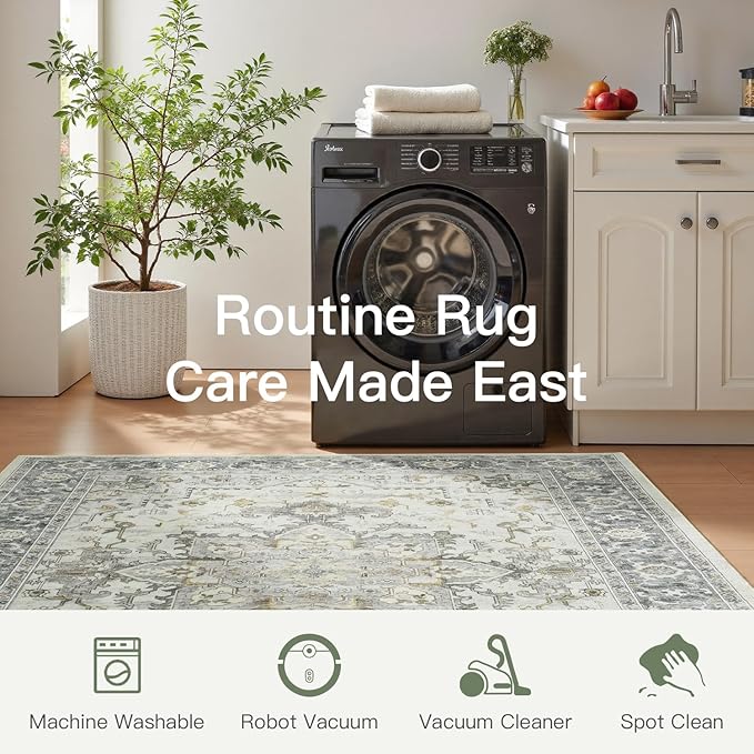 Lofus 6x9 Area Rugs for Living Room, Machine Washable Non-Slip Area Rug, Low Pile Large Rugs for Bedroom, Kitchen, Dining Room, Home Office, Vintage Oriental Print Rug, Taupe Grey