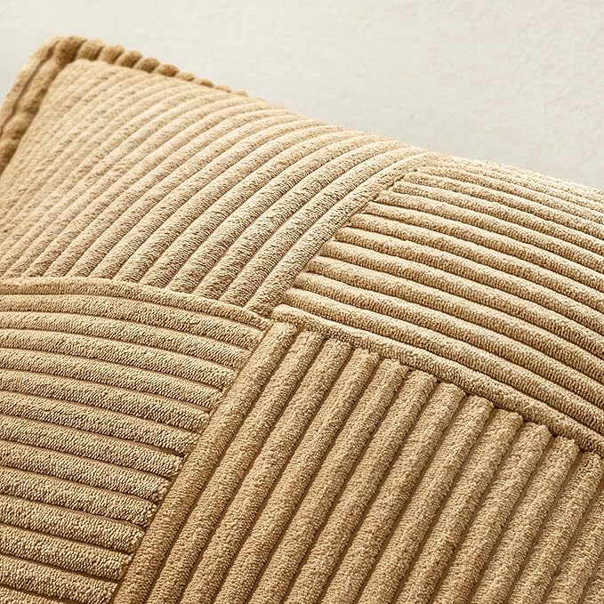 MIULEE Decorative Euro Sham Throw Pillow Covers for Couch Bed Livingroom 24x24 Inch Set of 2 Brown Boho Accent Throw Pllows Broadside Striped Patchwork Soft Corduroy Pillowcases