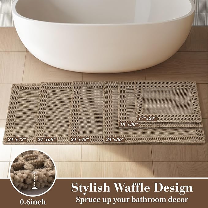 RESARE Waffle Bathroom Runner Rugs, Super Absorbent Bath Mat Non Slip Washable Quick Dry, Upgraded Ultra Soft Boho Bath Rugs with Tassels for Hallway Bedroom Laundry Room, 2'x6'(24"x72"), Brown