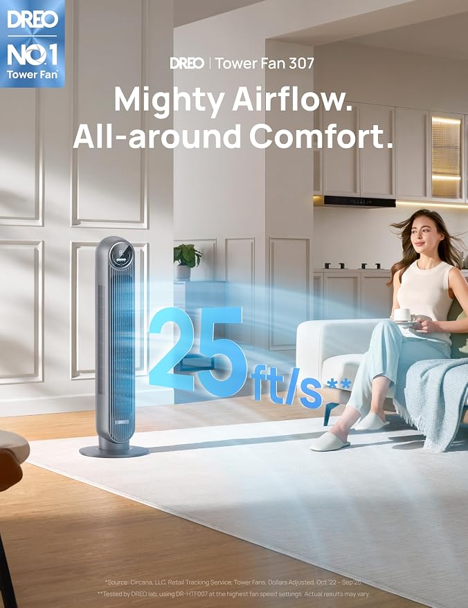 DREO Tower Fan for Bedroom, 25ft/s Velocity Quiet Floor Fan, 90° Oscillating - Image 2