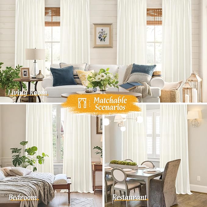 LAMIT Natural Linen Curtains for Bedroom, 72 Inch Faux Linen Textured Light Filtering Drapes Rod Pocket Window Panels for Living Room/Sliding Door, Set of 2 Panels, 52 x 72 Inch, Cream
