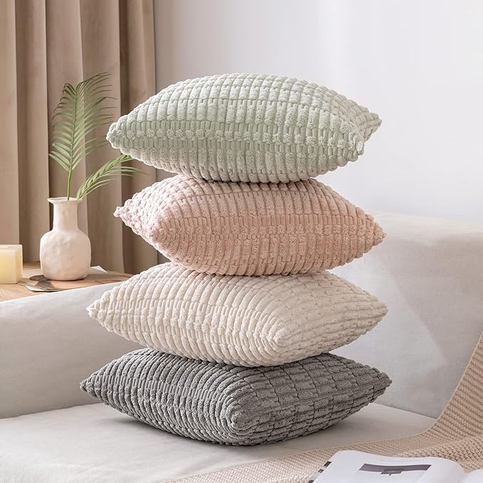 MIULEE Pack of 2 Spring Corduroy Decorative Throw Pillow Covers 18x18 Inch Soft Boho Striped Pillow Covers Modern Farmhouse Home Decor for Summer Sofa Living Room Couch Bed Light Green