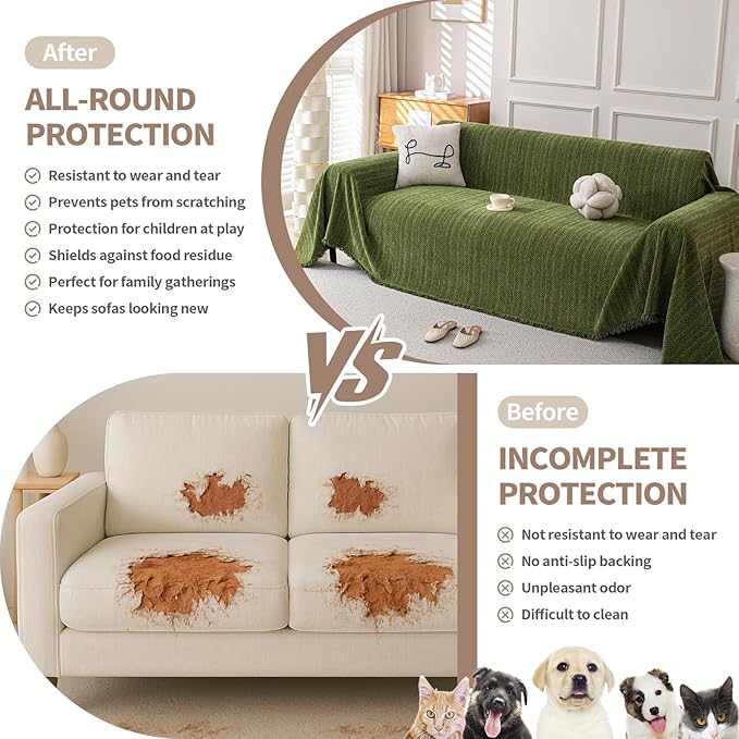 Boho Chenille Couch Cover for Dogs, Non Slip Sofa Cover, Couch Slipcover Covers for 3 Cushion, Furniture Protector with Tassels for Pets Washable, 91"x118", Fishbone Green