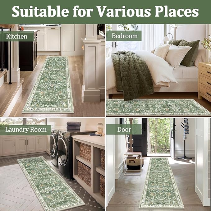 Yamaziot Washable Area Rug 8x10 – Large Non-Slip Boho Floral Living Room Rug with Rubber Backing, Low Pile Distressed Carpet for Bedroom, Living Room, Dining Room, Green