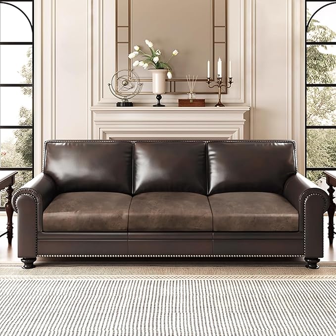 Leather Look Couch Cushion Covers Sofa Seat Slipcovers Sets Couches Furniture Protector for Sectional Armchair Loveseat Pets Kids Stretch Spandex Fabric (3 Cushion Sofa, Brown)