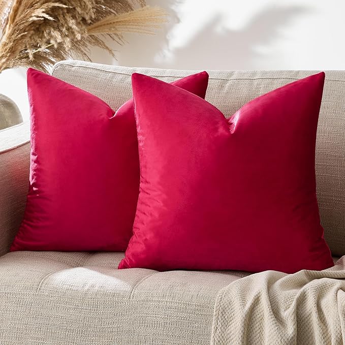 GIGIZAZA Decorative Throw Pillow Covers 26x26,Set of 2 Red Square Couch Pillow Covers,Velvet Sofa Boho Cushion Pillows