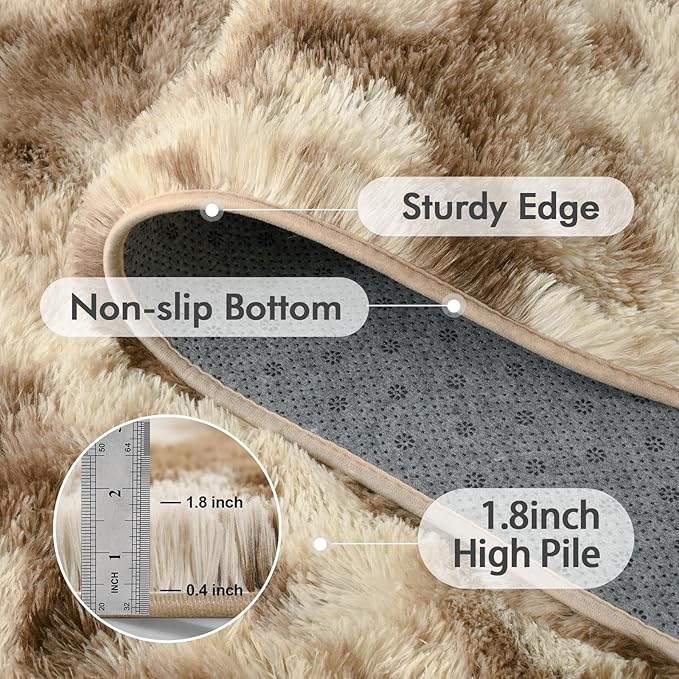 5x7 Ft Large Shag Rugs for Bedroom Living Room Decor for Men Boys, Tie Dyed Ultra Soft Fluffy Furry Area Rug for Indoor Floor, Aesthetic Carpet for Home Decor (Khaki)