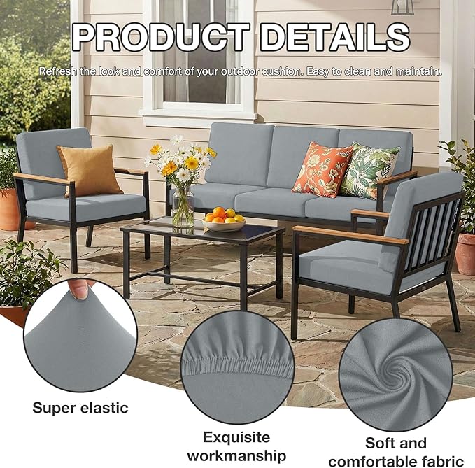 hyha 4Pcs Patio Cushion Covers, Stretch Outdoor Couch Cushion Covers Replacement, Washable Outdoor Chair/Sofa Slipcovers for Patio Furniture Cushions Protector with Elastic Bottom(Gray,Cover Only)
