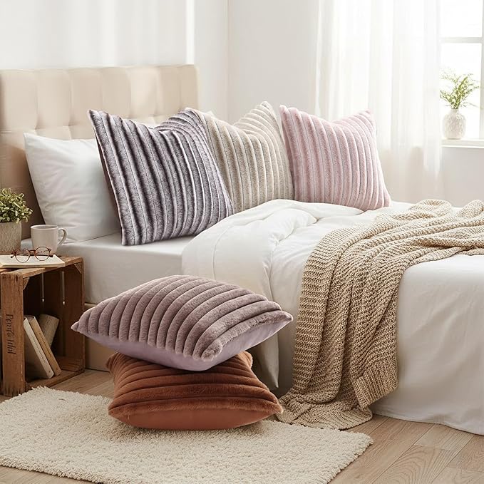 decorUhome Cozy Faux Fur Throw Pillow Covers 12x20 Set of 2 Decorative Soft Plush Striped Lumbar Modern Farmhouse Boho Couch Pillow Cases with Velvet Back for Sofa Bed Living Room, Brown