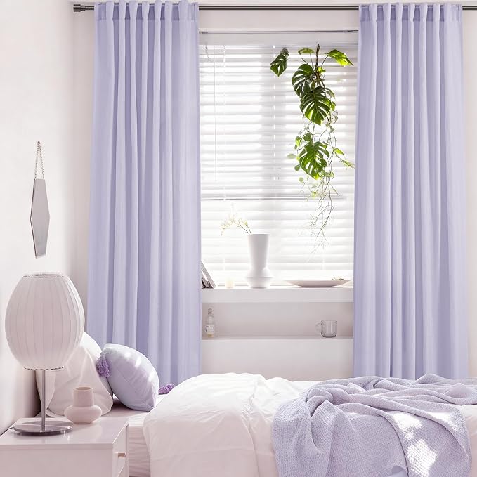 Lavender Back Tab Linen Curtains 102 Inches Length for Bedroom Living Room Semi Sheer Privacy Light Filtering Drapes Farmhouse Boho Texture Window Treatment Sets Violet Purple 52ﾗ102