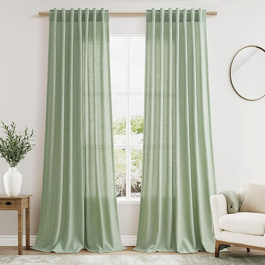 Mist Sage Linen Curtains 90 Inch Long 2 Panels Set for Bedroom Living Room Linen Textured Window Drapes Semi Sheer Light Filtering Rod Pocket Back Tab Cotton Textured Farmhouse Curtain 52x90