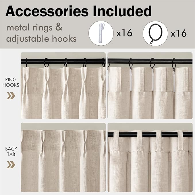 MIULEE Pinch Pleated Thick Linen Curtains 96 Inches Long 2 Panels for Living Room Bedroom, Memory Trained Pleat Drapes Light Filtering Cream Ivory Semi Sheer Window Curtains Hooks Rings Back Tab