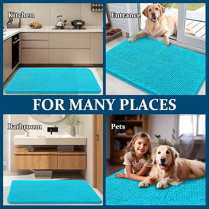 OLANLY Dog Door Mat for Muddy Paws 44x32, Absorbs Moisture and Dirt, Absorbent Non-Slip Washable Doormat, Quick Dry Chenille Mud Mat for Dogs, Entry Indoor Entryway Carpet for Inside Floor, Aqua Blue