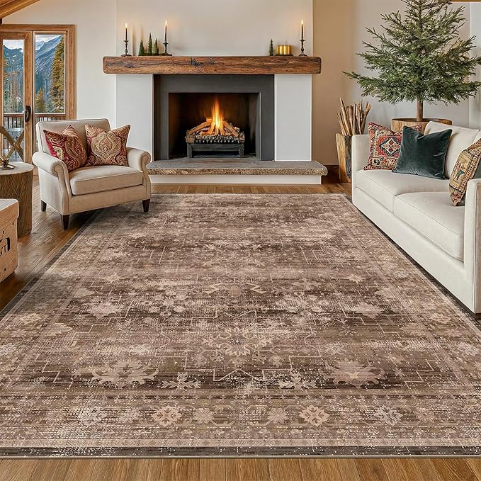 Hazo Haus Brown 9x12 Living Room Rug - Vintage Western Eclectic Unique Neutral Taupe, Washable Low Pile Non-Slip Large Area Rugs for Dining Under Table Bedroom Under Bed
