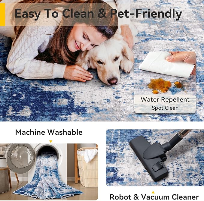 Washable Area Rugs 6ft Non-Slip Modern Abstract Soft for Living Room Entryway Bedroom Nursery, Print Pattern, Blue Grey Navy Gray