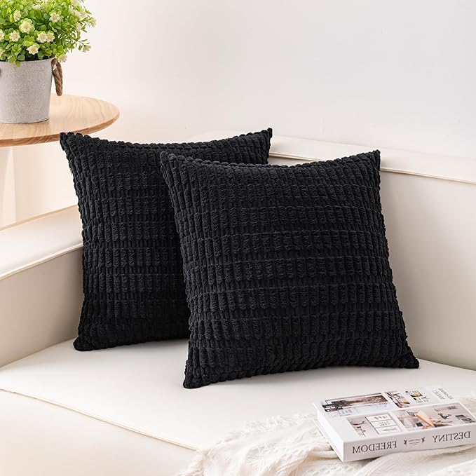 Pack of 2 Corduroy Decorative Throw Pillow Covers 20x20 InchSoft Striped Pillow Covers Modern Farmhouse Home Decor for Sofa Living Room Couch Bed（Black）