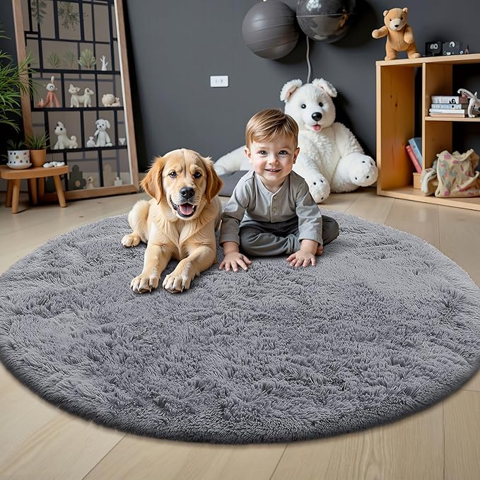 OLANLY Light Grey Round Rugs for Bedroom - Machine Washable, 9 ft Circle Area Rugs for Living Room, Soft and Fluffy Shaggy Carpet for Teen Girls and Boys, Nursery Rooms, Dorms, Home Decor Aesthetic