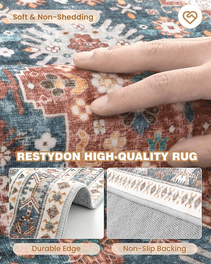 2x5 Rug Runner Washable for Entryway, Soft Bathroom Rugs with Non-Slip Backing,Vintage Low Pile Stair Runner, Small Kitchen Carpet for Hallways, Laundry Room(Blue/Red,2'x5')