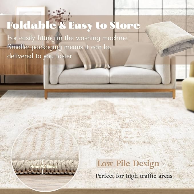 Area Rug 4x6 Washable Rug, Vintage Boho Medallion Rugs Non-Slip Soft Low Pile Distressed Rug Indoor Retro Carpet for Living Room Bedroom Dining Room Home Office (Beige, 4'x6')