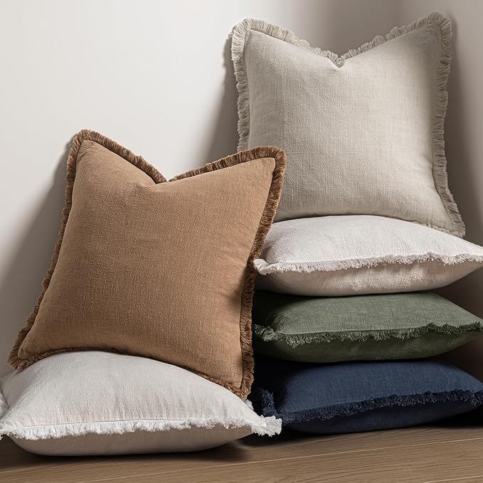 MIULEE Decorative Throw Pillow Covers Neutral Linen Fringe Throw Pillows Euro Shams Set of 2 Natural Beige Boho Farmhouse Cushion Covers for Couch Sofa Bed Living Room Spring Home Decor 26x26 Inch
