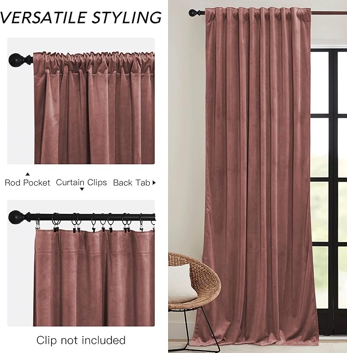 RYB HOME Dusty Pink Velvet Curtains 84 inch, Room Darkening Window Curtains for Living Room Energy Efficient Backdrop Festival Decor for Girls Bedroom, Wild Rose, W52 x L84 inch, 2 Panels